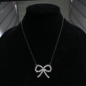 Clear Rhinestone & Gun Metal Color Bow 17" Lobster Clasp Adjustable Necklace